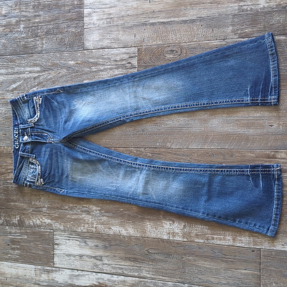 GRACE in LA girls bootcut jeans blingy embroidered faux flap back pockets sz 8 - Picture 9 of 14